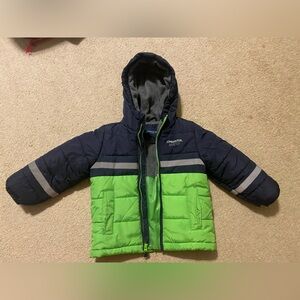 Boys size 4, small, puffer jacket, winter coat, green & blue, warm